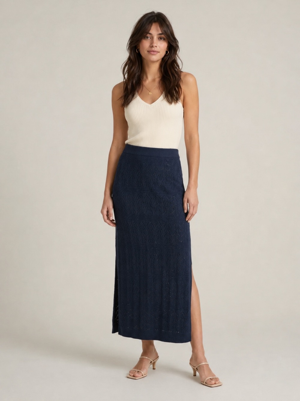 NWT Splendid Navy Knit Maxi Skirt Textured Pattern M - Picture 1 of 10